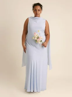 Six Stories Blue High Cowl Neck Drape Crepe Bridesmaid Dress New