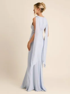Six Stories Blue High Cowl Neck Drape Crepe Bridesmaid Dress New