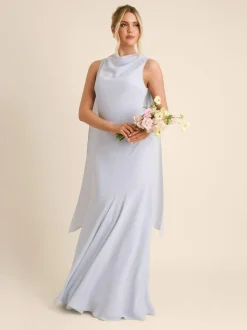 Six Stories Blue High Cowl Neck Drape Crepe Bridesmaid Dress New