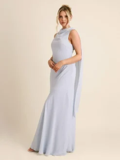 Six Stories Blue High Cowl Neck Drape Crepe Bridesmaid Dress New