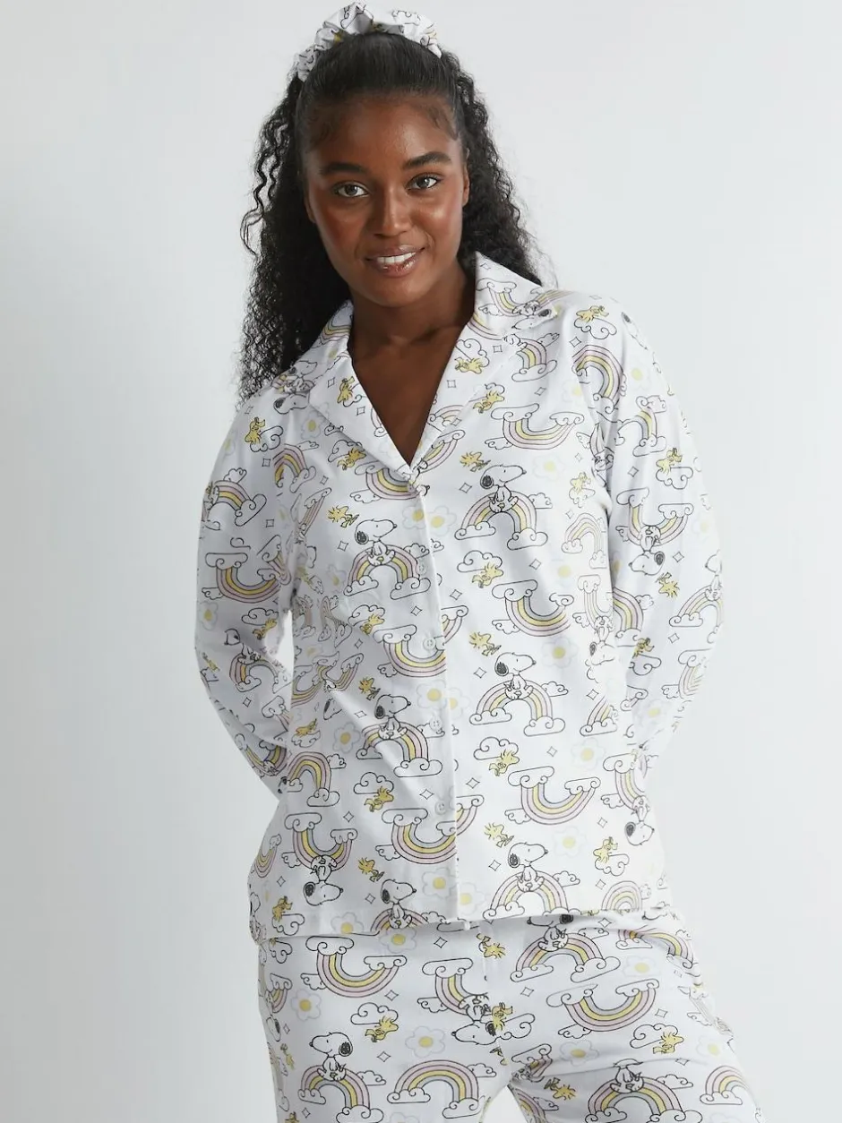 Skinnydip White Peanuts x Snoopy Rainbow Print Pyjama Set in Ecru New