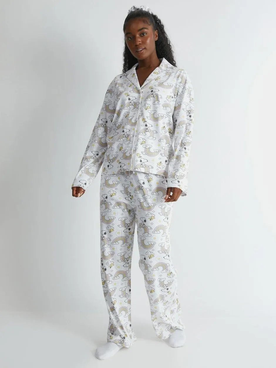 Skinnydip White Peanuts x Snoopy Rainbow Print Pyjama Set in Ecru New