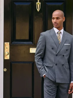Skopes Grey Double Breasted Cassius Tailored Fit Stripe Suit Jacket Hot