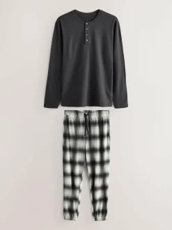 Next Slate Grey Check Motionflex Textured Cosy Long Sleeve Pyjamas Set Best