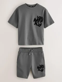 smALLSAINTS Orlando T-Shirt and Sweat Shorts Set Charcoal Grey/Flocked Discount
