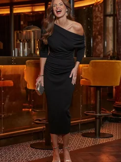 Sosandar Asymmetric Ruched Midi Dress Black