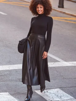 Sosandar Faux Leather Midaxi Skirt Black New