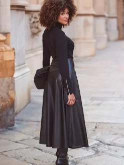 Sosandar Faux Leather Midaxi Skirt Black New