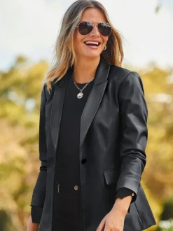 Sosandar Black Premium Faux Leather Blazer Discount