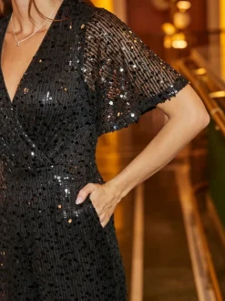 Sosandar Black Sequin Angel Sleeve Jumpsuit Outlet