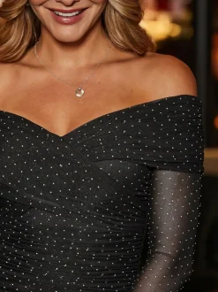 Sosandar Black Sparkle Bardot Ruched Midi Dress New