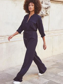 Sosandar Blue Drawstring Waist Jumpsuit Hot