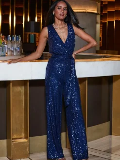 Sosandar Blue Sequin Wrap Front Jumpsuit Hot