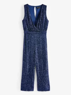 Sosandar Blue Sequin Wrap Front Jumpsuit Hot