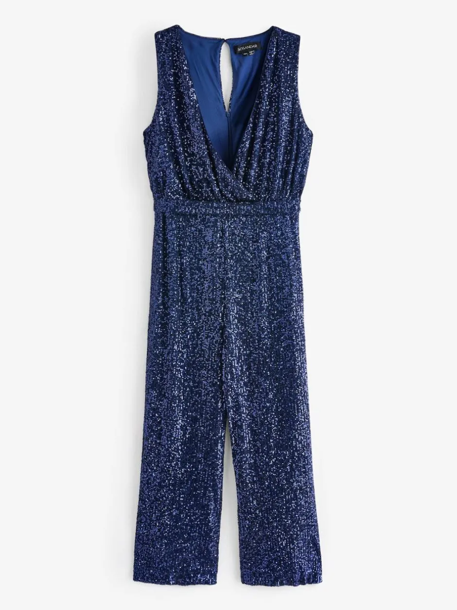 Sosandar Blue Sequin Wrap Front Jumpsuit Hot