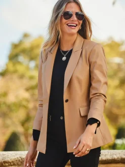 Sosandar Faux Leather Blazer Brown Sale