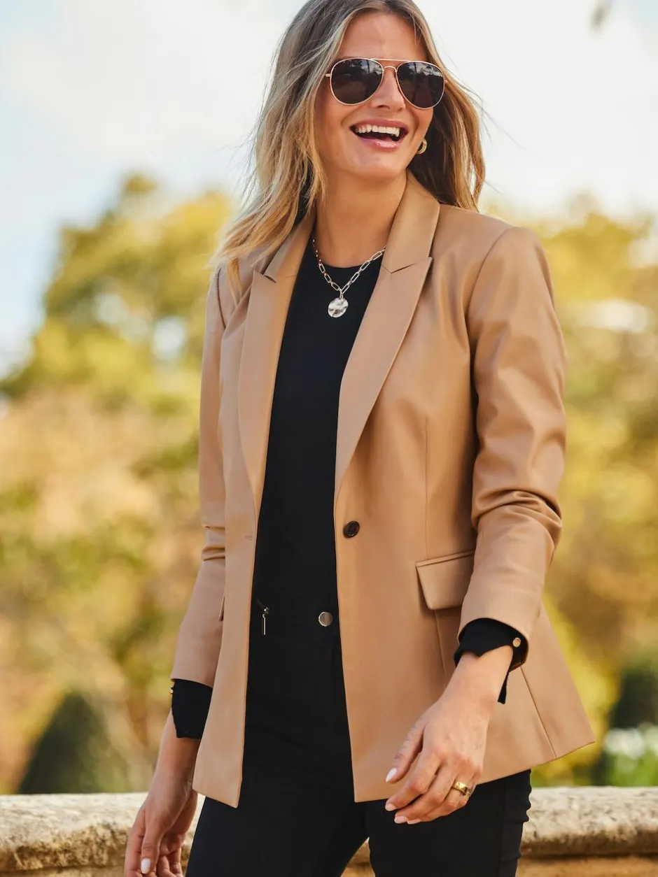 Sosandar Faux Leather Blazer Brown Sale