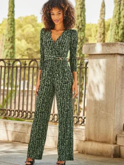 Sosandar Green Abstract Print Wrap Jumpsuit Clearance