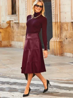 Sosandar Red Leather Look Panelled A-Line Midi Skirt Clearance