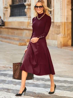 Sosandar Red Leather Look Panelled A-Line Midi Skirt Clearance