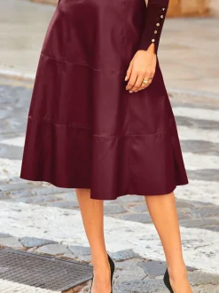 Sosandar Red Leather Look Panelled A-Line Midi Skirt Clearance