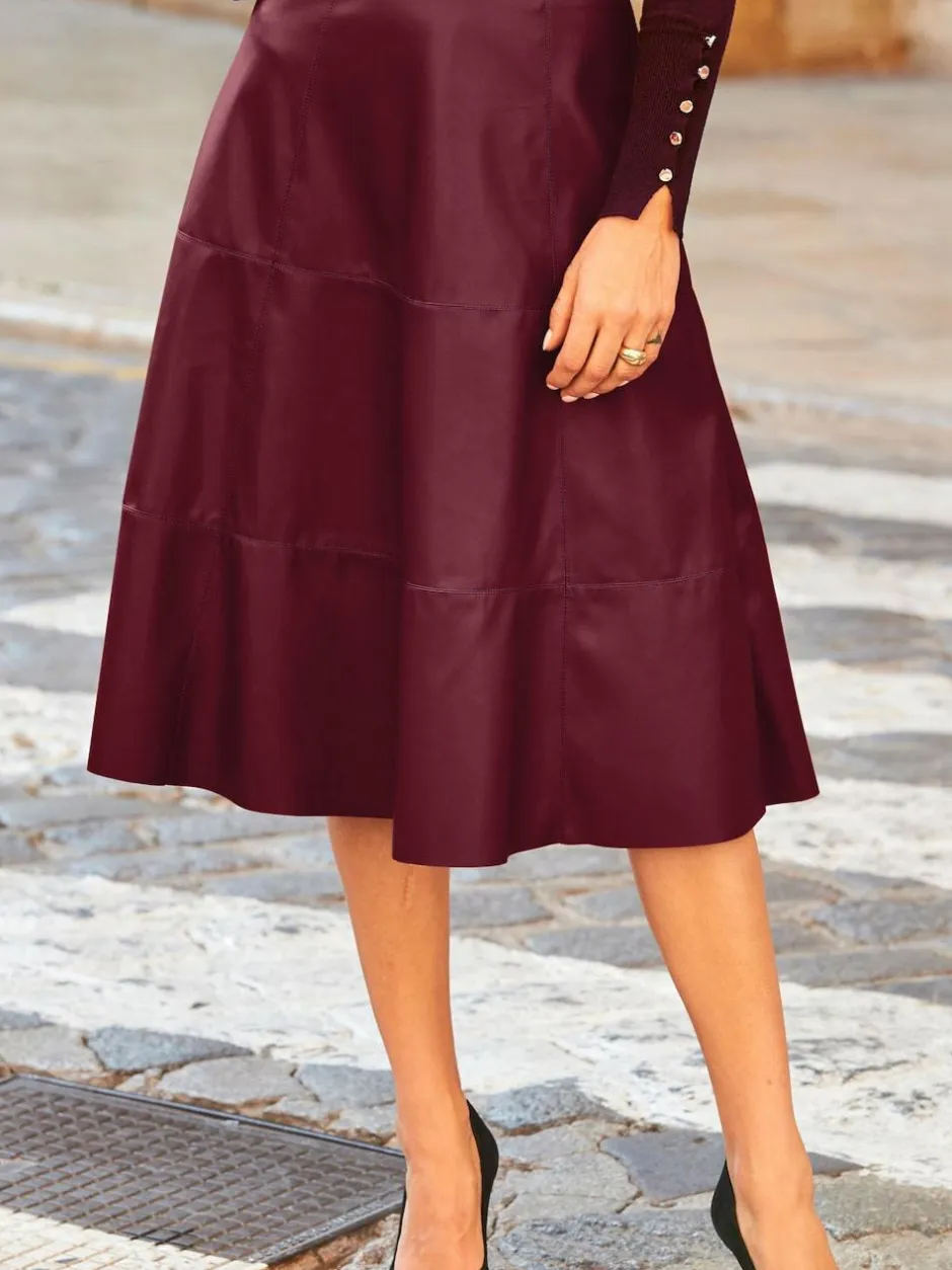 Sosandar Red Leather Look Panelled A-Line Midi Skirt Clearance