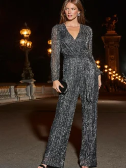 Sosandar Silver Sparkle Plisse Wrap Front Wide Leg Jumpsuit Discount