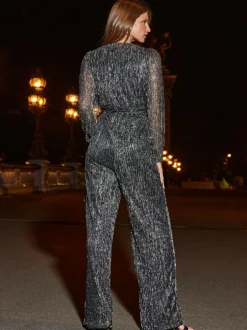 Sosandar Silver Sparkle Plisse Wrap Front Wide Leg Jumpsuit Discount