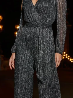 Sosandar Silver Sparkle Plisse Wrap Front Wide Leg Jumpsuit Discount