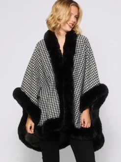 South Beach Faux Fur Trim Cape Monochrome Houndstooth Best