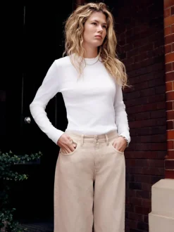 Next Boyfriend Wide Leg Mid Rise Turn Up Jeans Stone Discount