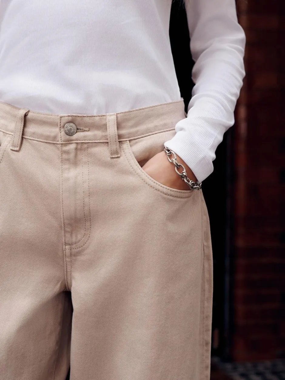 Next Boyfriend Wide Leg Mid Rise Turn Up Jeans Stone Discount