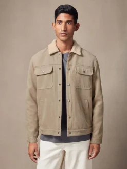 Next Faux Suede Borg Lined Trucker Jacket Stone Clearance