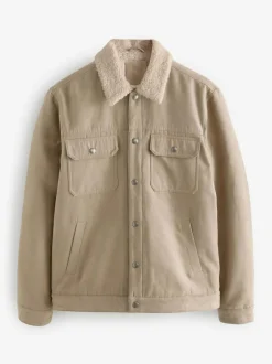 Next Faux Suede Borg Lined Trucker Jacket Stone Clearance