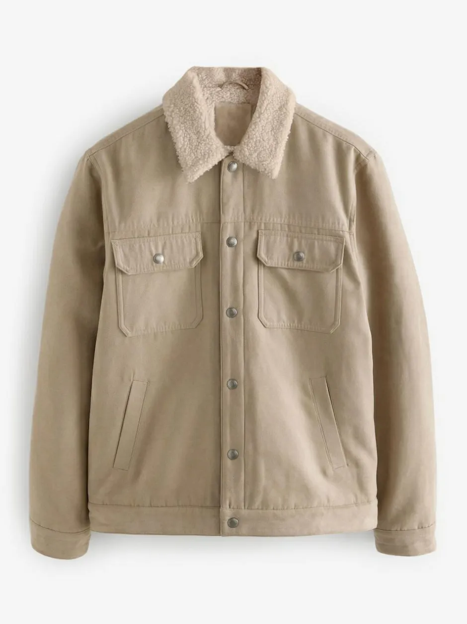 Next Faux Suede Borg Lined Trucker Jacket Stone Clearance