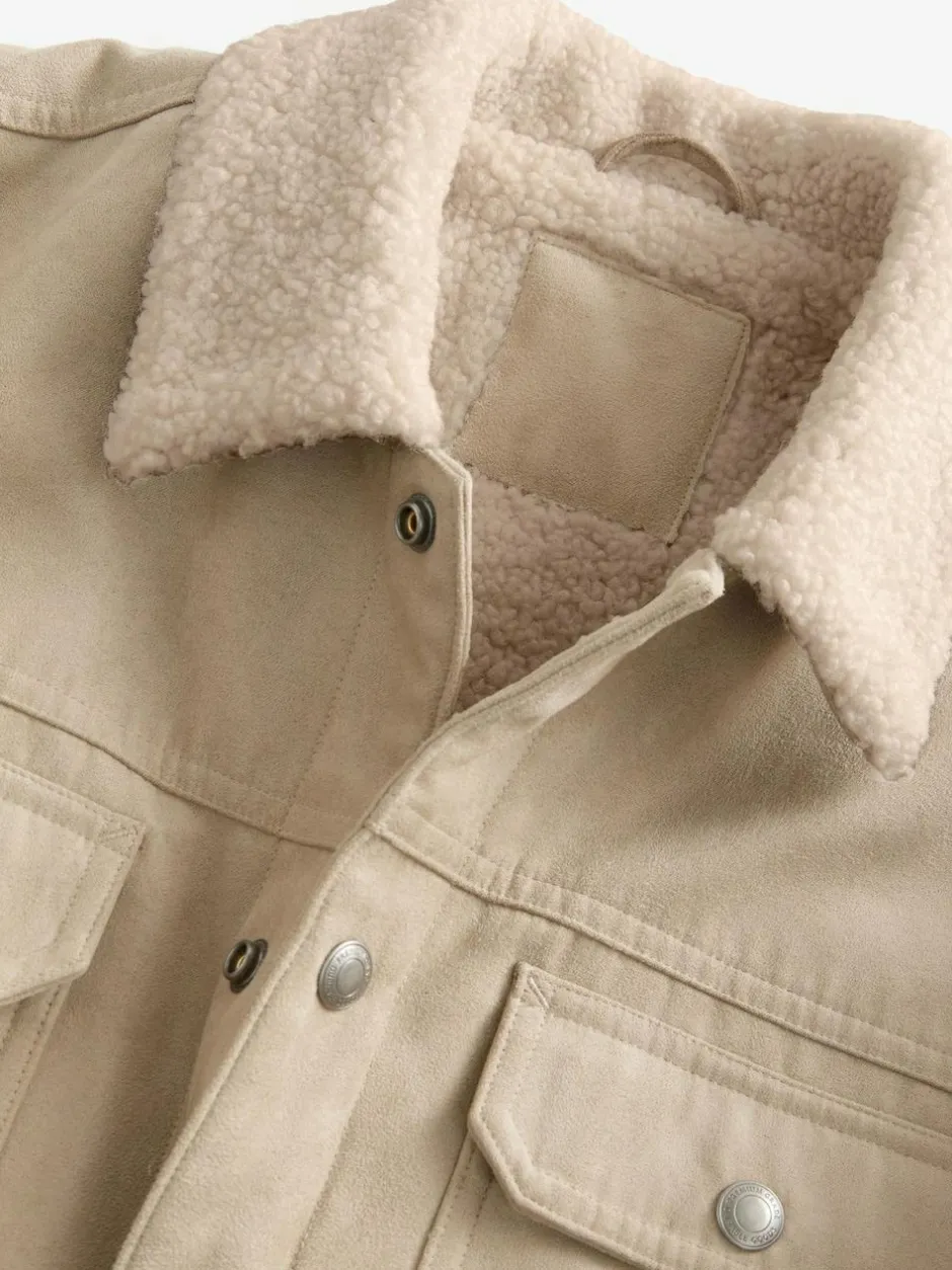 Next Faux Suede Borg Lined Trucker Jacket Stone Clearance