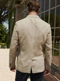 Next Slim Fit Textured Linen Blend Blazer Stone Clearance