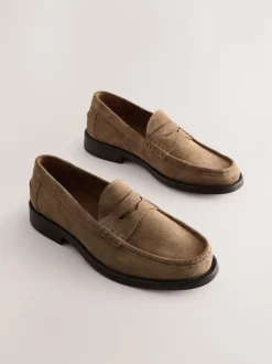 Next Standard Fit Suede Penny Loafers Stone New