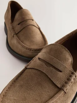 Next Standard Fit Suede Penny Loafers Stone New