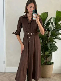 Style Cheat Brown Suedette Daphne Belted Dress Clearance