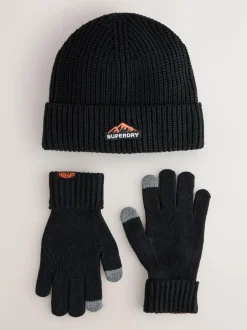 Superdry Black Beanie and Gloves Set Online
