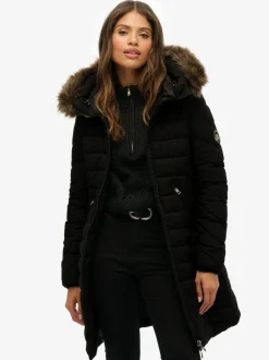 Superdry Black Fuji Faux Hood Mid Length Coat Discount