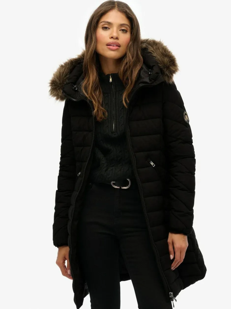 Superdry Black Fuji Faux Hood Mid Length Coat Discount