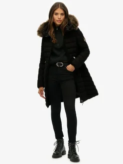 Superdry Black Fuji Faux Hood Mid Length Coat Discount