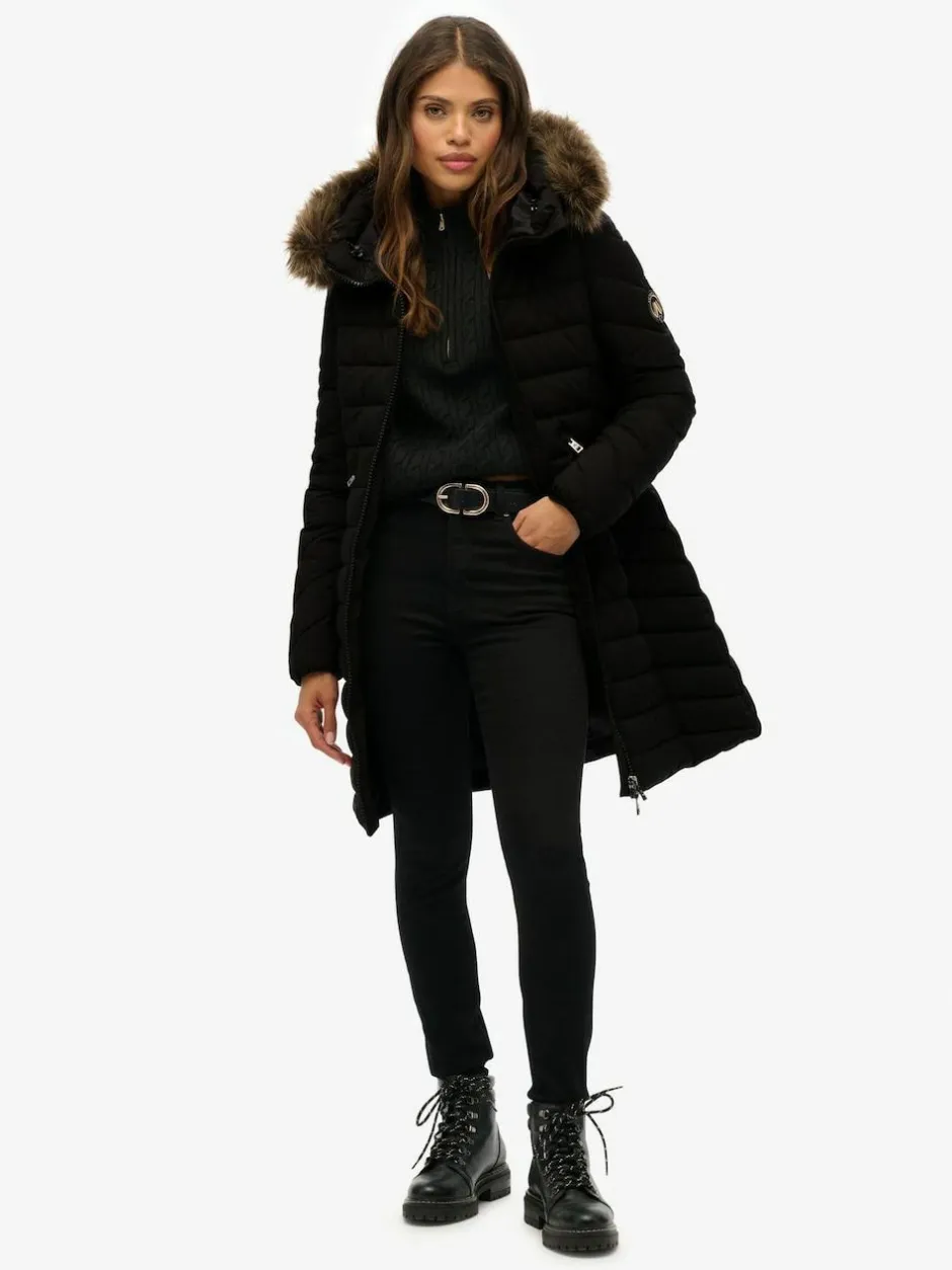 Superdry Black Fuji Faux Hood Mid Length Coat Discount