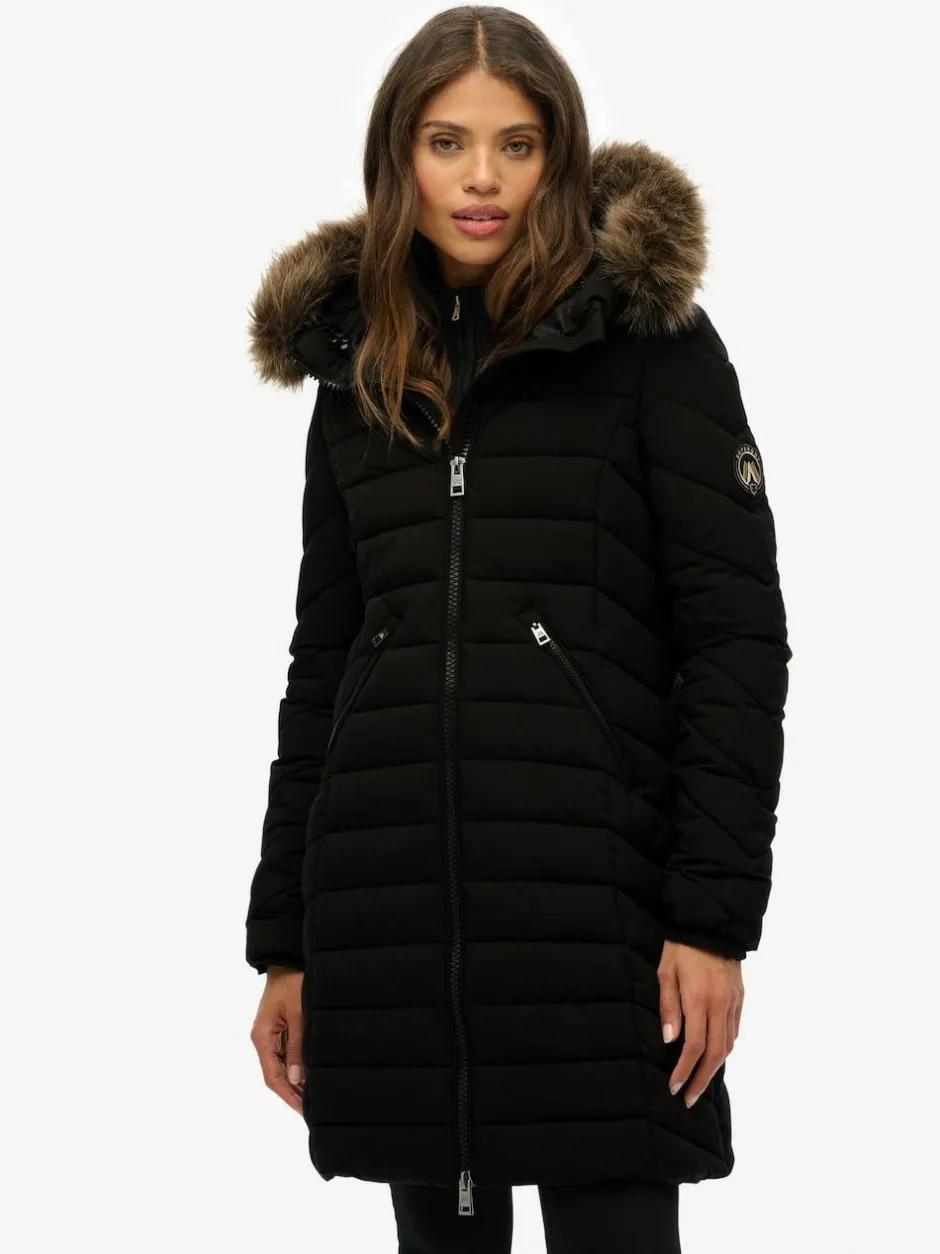 Superdry Black Fuji Faux Hood Mid Length Coat Discount