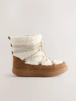 Next Borg Water Resistant Boots Tan Brown / Ecru