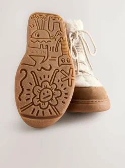 Next Borg Water Resistant Boots Tan Brown / Ecru