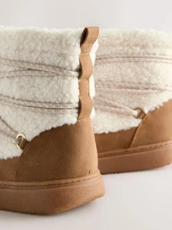 Next Borg Water Resistant Boots Tan Brown / Ecru