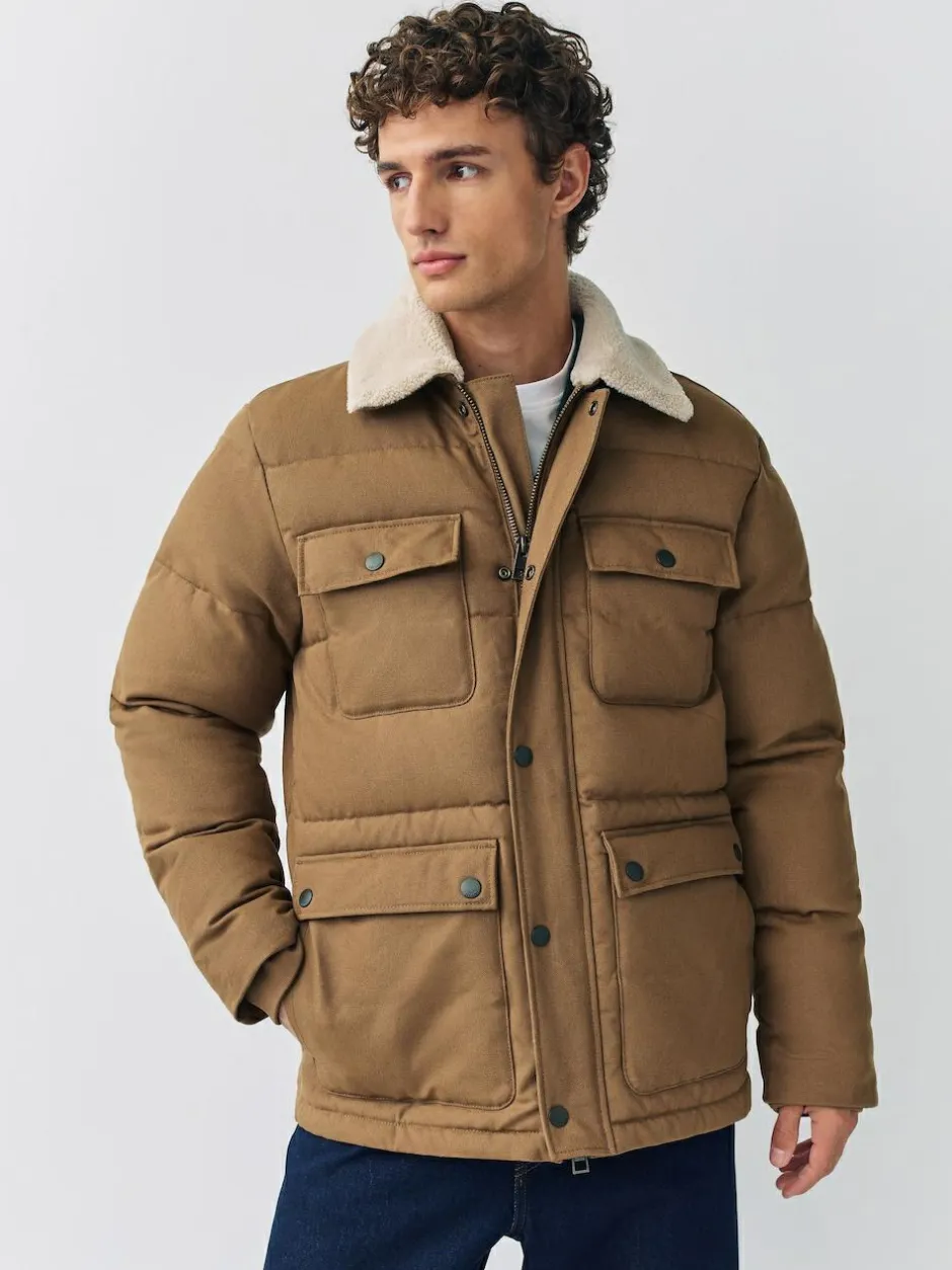 Next Tan Brown Canvas Worker Puffer Jacket With Borg Collar Online
